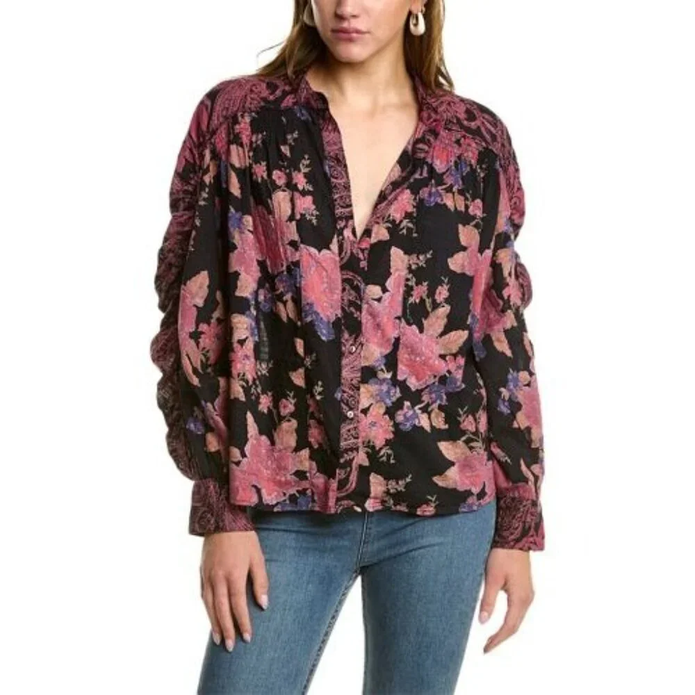 Free People Maraya Button Top in Black Combo XSmall New Womens Blouse